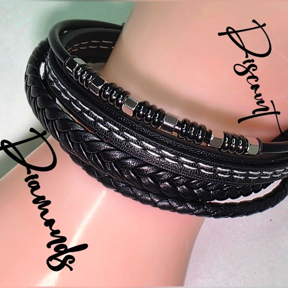 Black Genuine Braided Leather & Black & Silver Titanium
